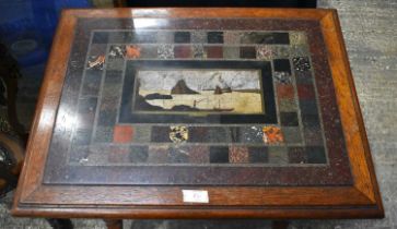 AN UNUSUAL 19TH CENTURY ITALIAN MIXED MARBLE AND HARDSTONE TABLE contained within an Aesthetic oak