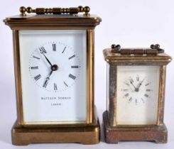 A MATTHEW NORMAN CARRIAGE CLOCK together with a smaller clock. Largest 13.5 cm high inc handle. (2)