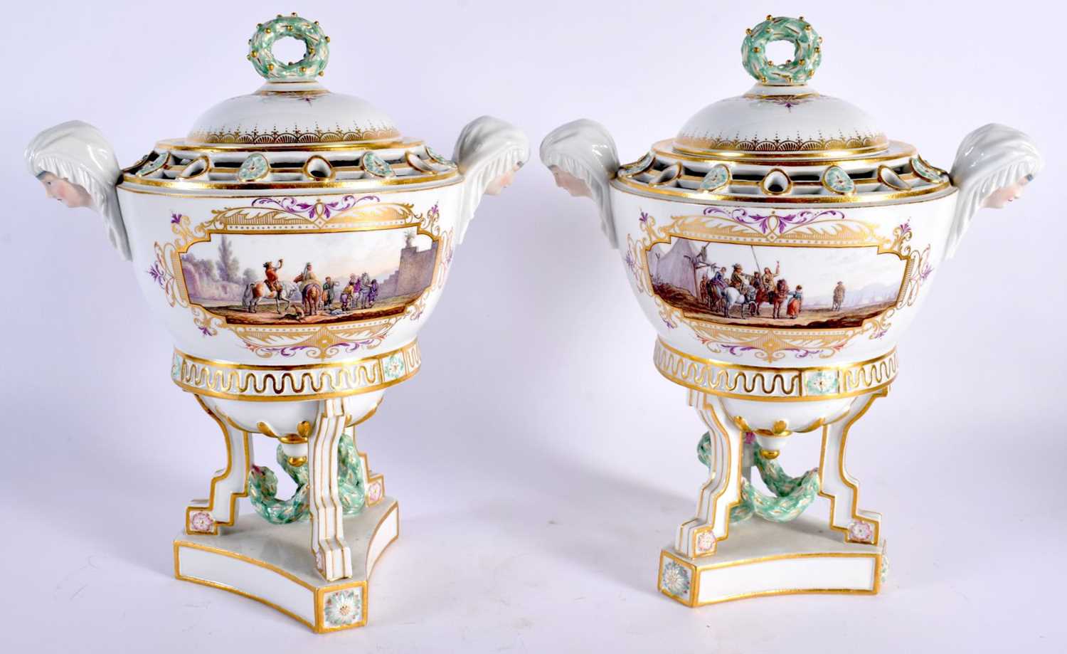 A FINE PAIR OF 19TH ENTURY MEISSEN POT-POURRI VASES AND COVERS with blue crossed swords marks, - Image 6 of 18