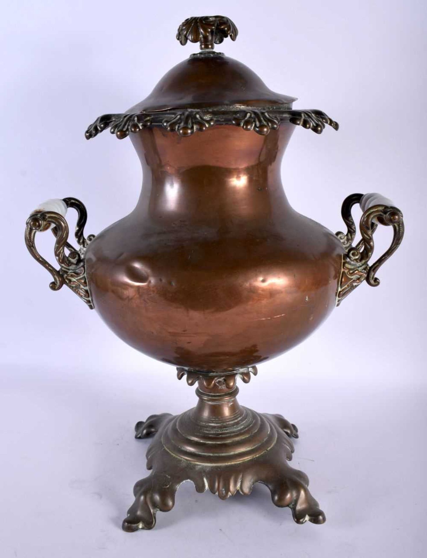 Large Early Victorian Copper Samovar With Brass Spitter & White Glass Handles. 47cm x 34cm. Dents - Image 3 of 5