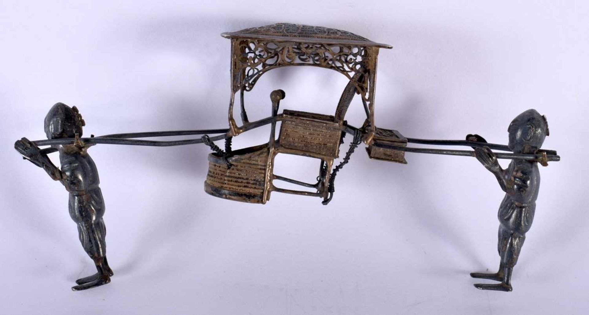 Antique Model of Chinese Export Silver Sedan Chair Carried By Figures.  Stamped WH,930, 12cm x 6cm x