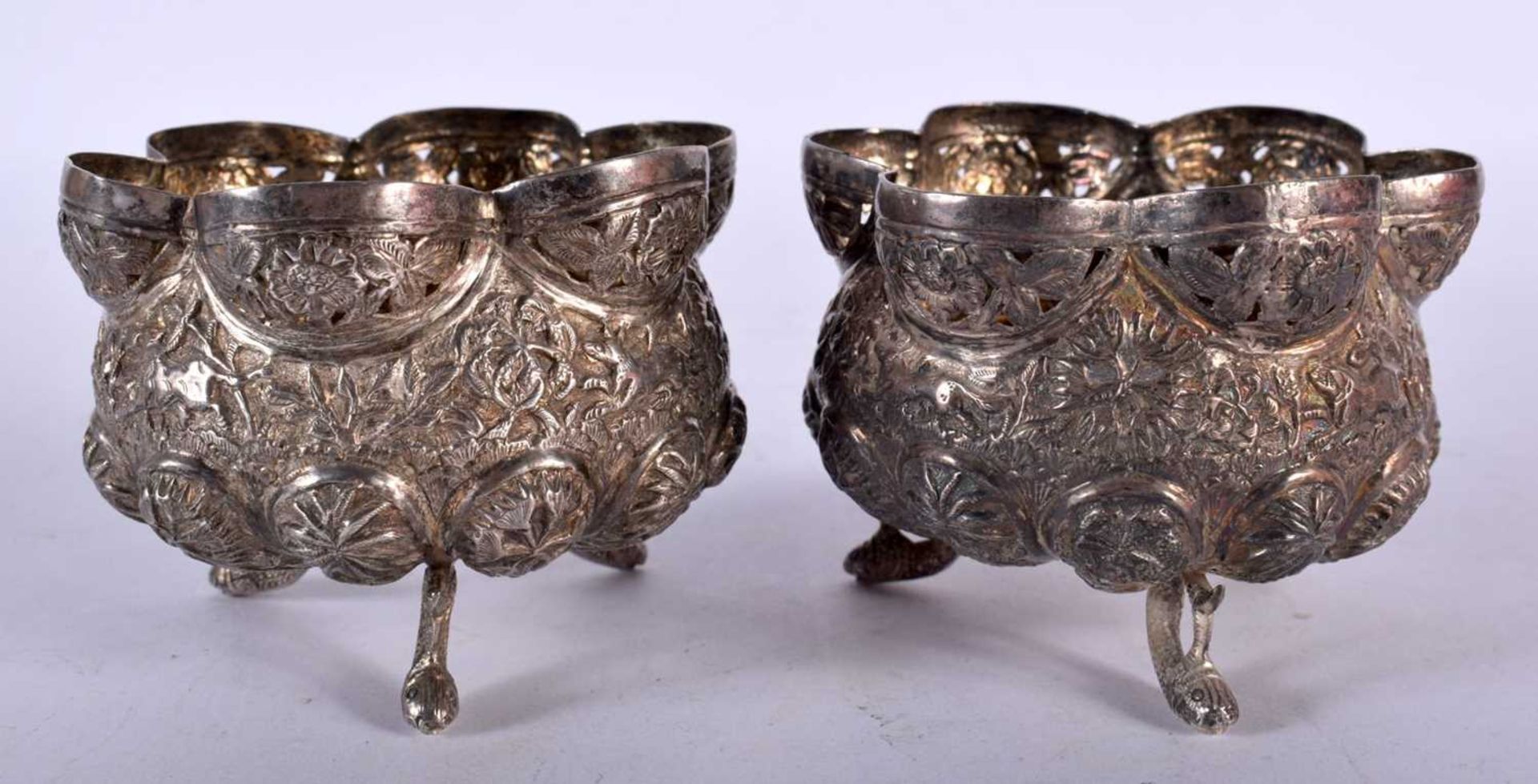 A Pair of Middle Eastern / Indian Silver Gilt Lined Condiment Bowls with Fish Feet. 7.7cm x 5.9cm,