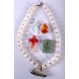 A HARDSTONE BEAD NECKLACE TOGETHER WITH FOUR PENDANTS. Necklace 51cm long (5). Good Condition