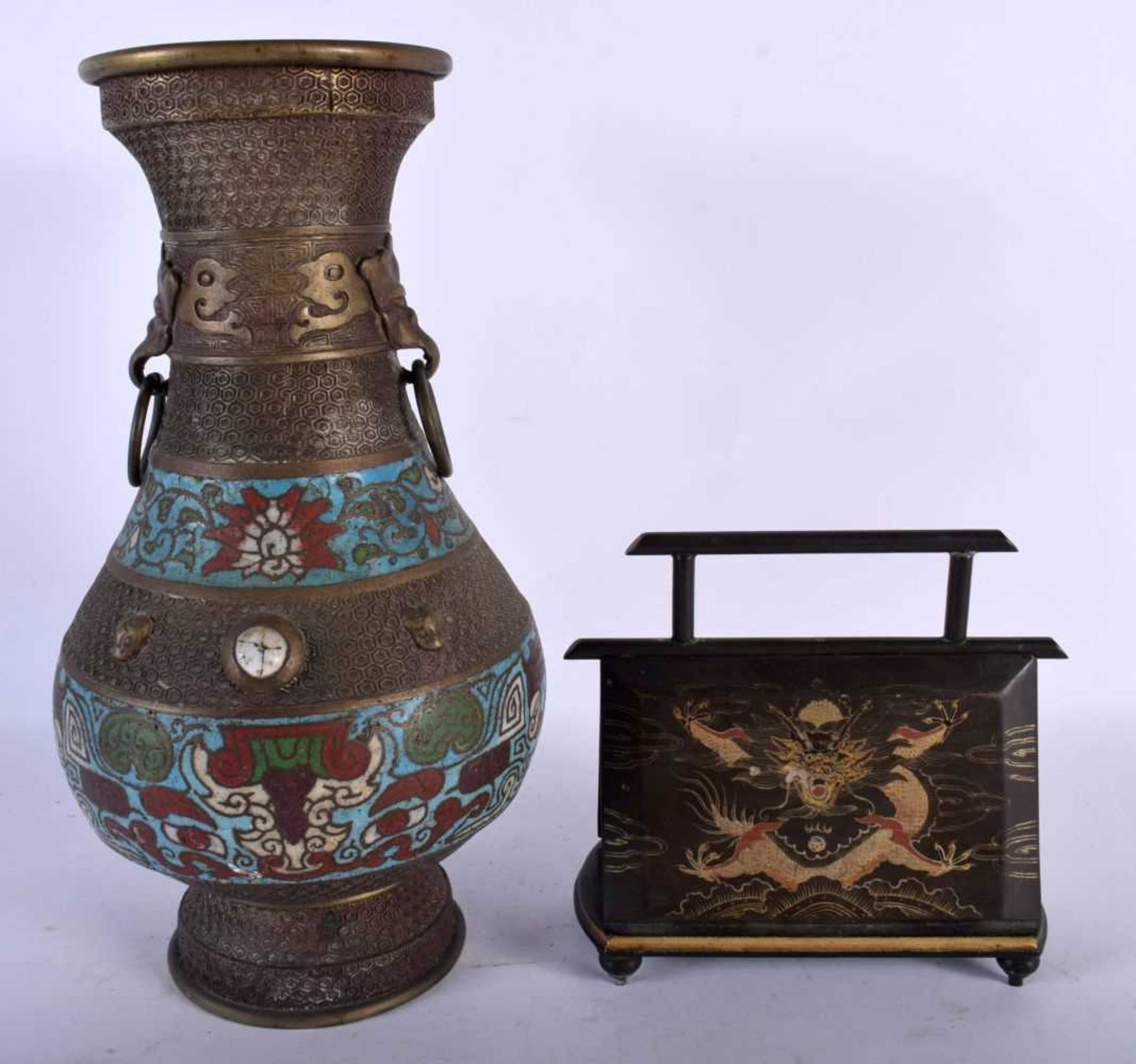 A Bronze Japanese Cloisonne Vase together with an Antique Japanese Lacquerware Letter Holder W/