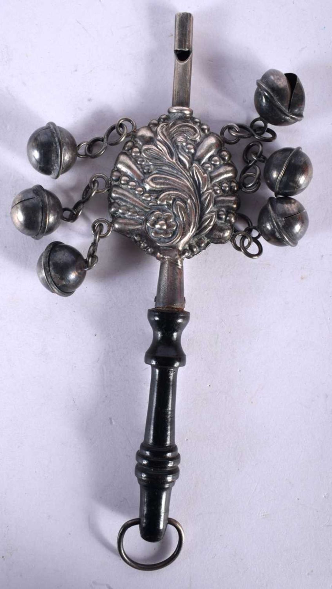 A Silver Babies Rattle with an ebonised handle. Stamped Sterling Silver, 17.5cm x 6.4cm x 1.6cm, - Image 3 of 3