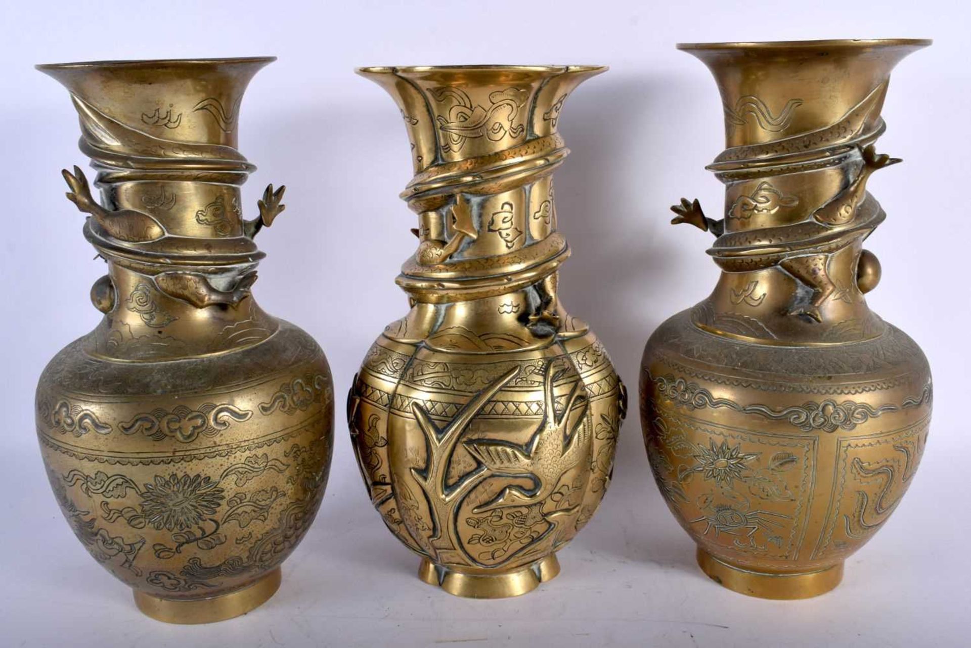 A Pair of Japanese Brass Vases overlaid with a Dragon Chasing A Pearl together with another. 25. - Image 3 of 5