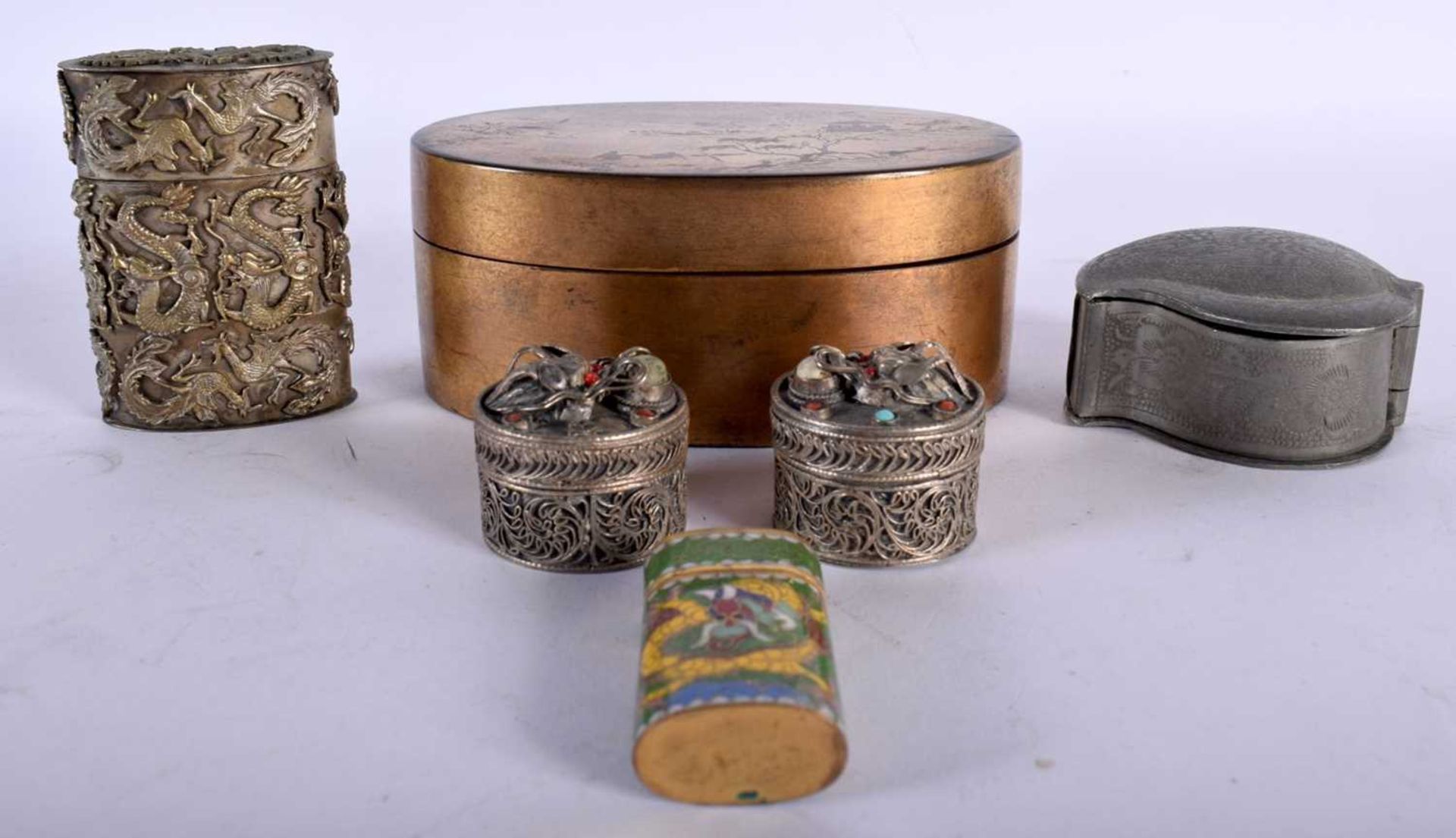 Six Metal and Silver Boxes (incl Cloisonne, Filigree and Lacquer). Largest 11.7cm x 7.8cm x 5cm (6).