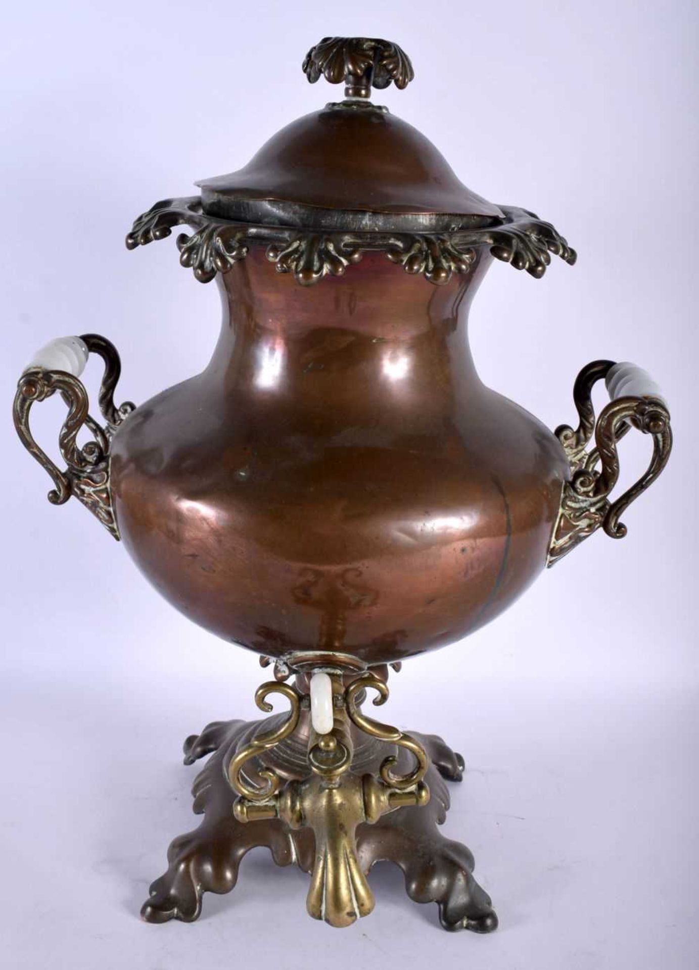 Large Early Victorian Copper Samovar With Brass Spitter & White Glass Handles. 47cm x 34cm. Dents