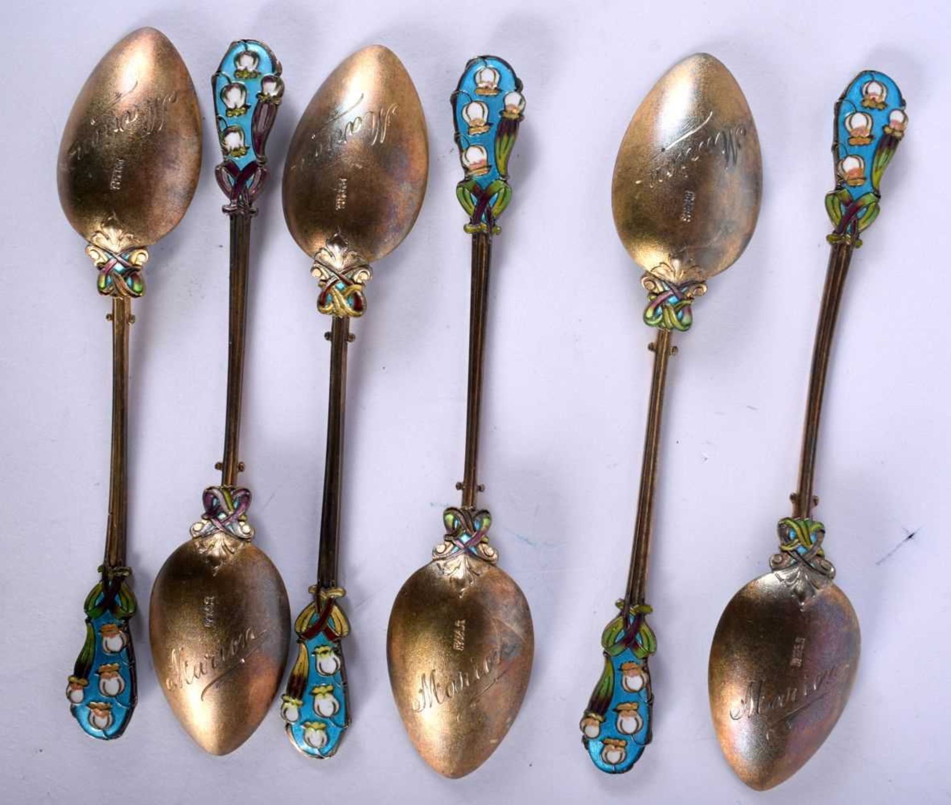 Set of Six Silver and Enamel Gilt Teaspoons together with a similar pair of Sugar Tongs. Stamped - Image 5 of 5