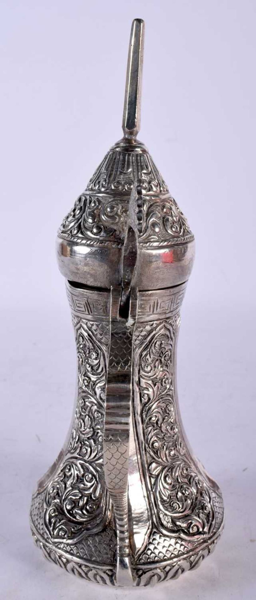 A Continental Silver Middle Eastern Coffee Pot. 20cm x 13cm x 8cm, weight 298g. Dent to rim of pot - Image 2 of 6