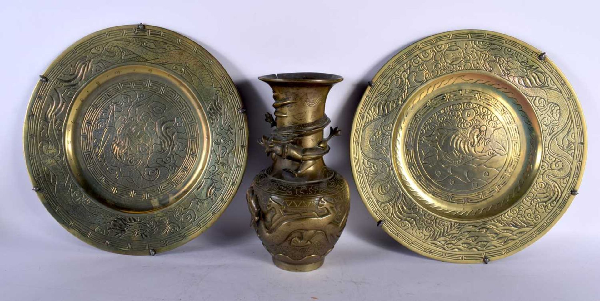 Two Brass Decorative Plates together with a Chinese Brass Vase. Vase 24cm x 13cm (3). Wear