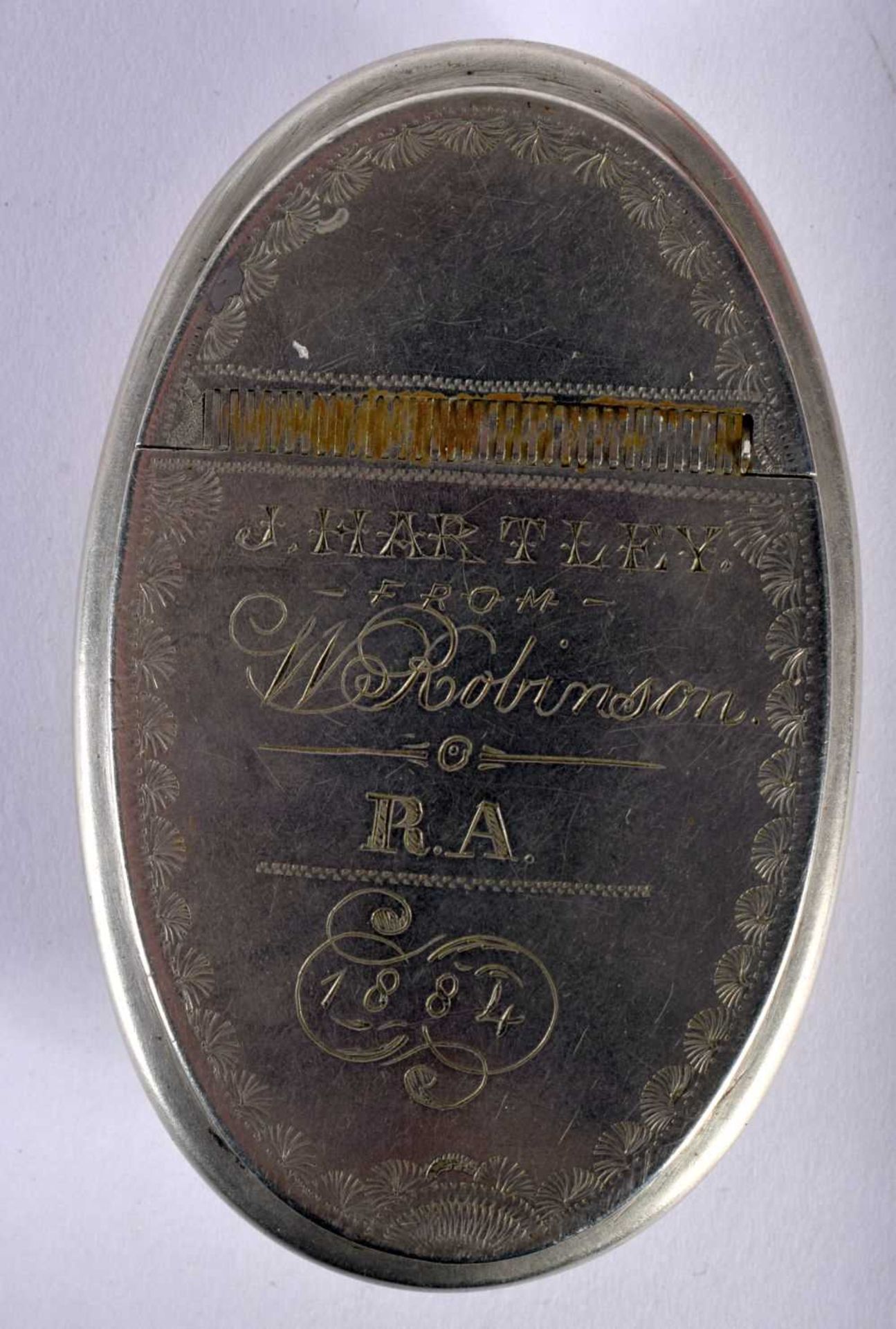 Antique 1884 Curved Metal Pocket Snuff Box With Etched Engraving "J Hartley from W Robinson RA 1884,
