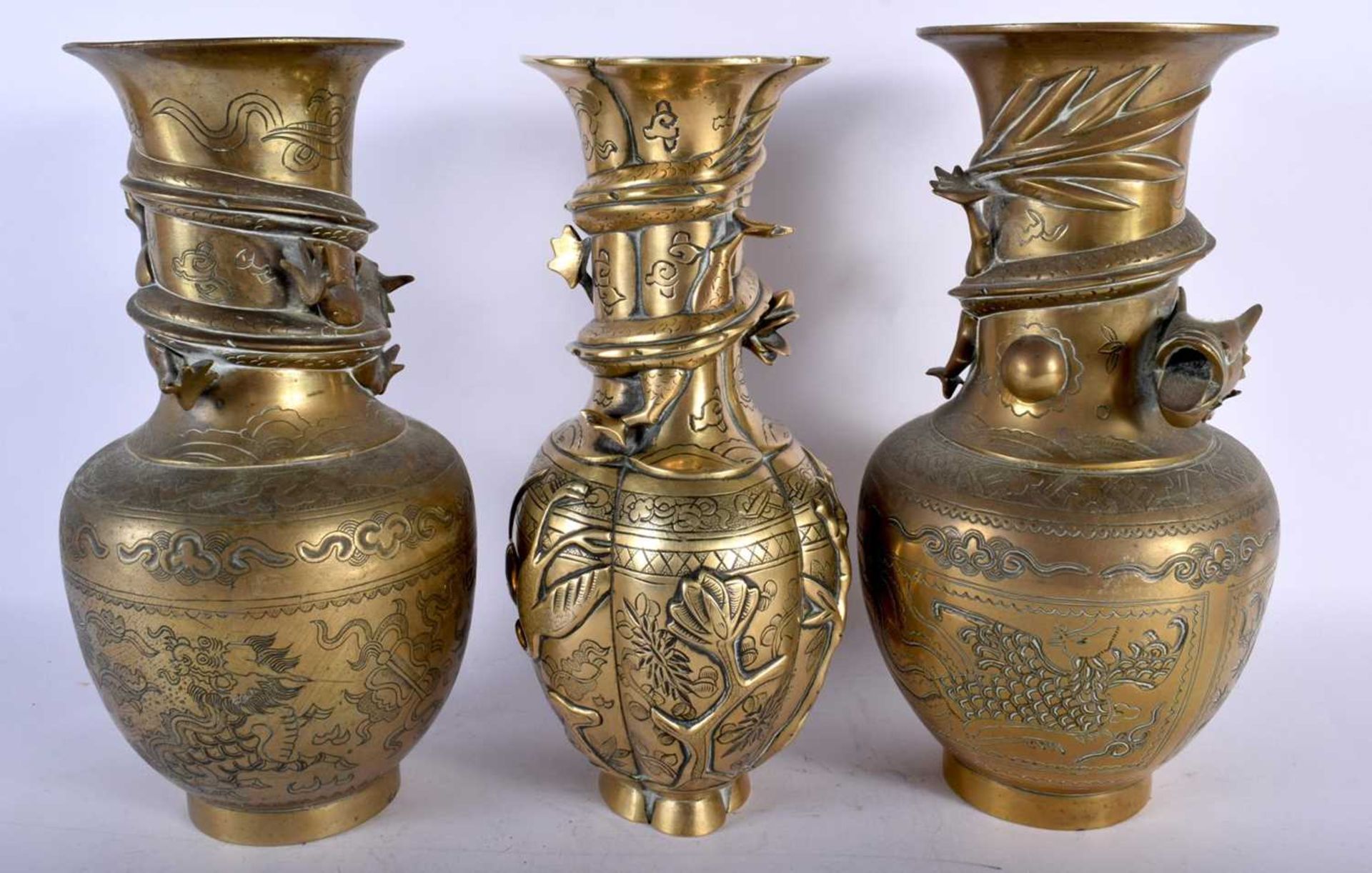 A Pair of Japanese Brass Vases overlaid with a Dragon Chasing A Pearl together with another. 25. - Image 2 of 5