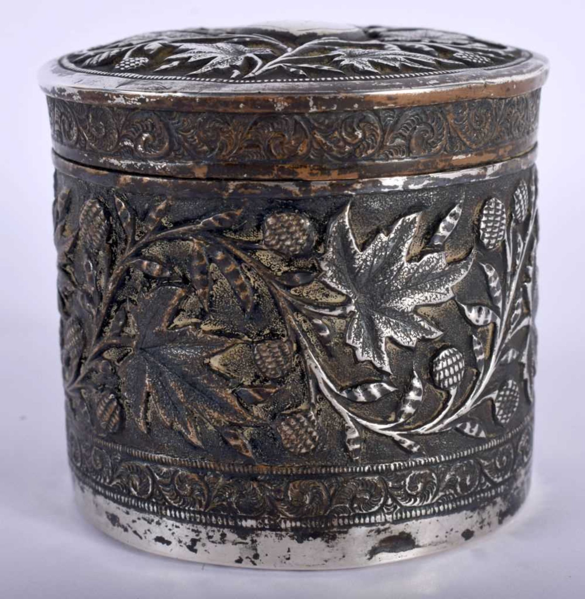 A Continental Silver Trinket Box Embossed with Floral Decoration. 7.4cm x 7.4cm, weight 147g. Wear /