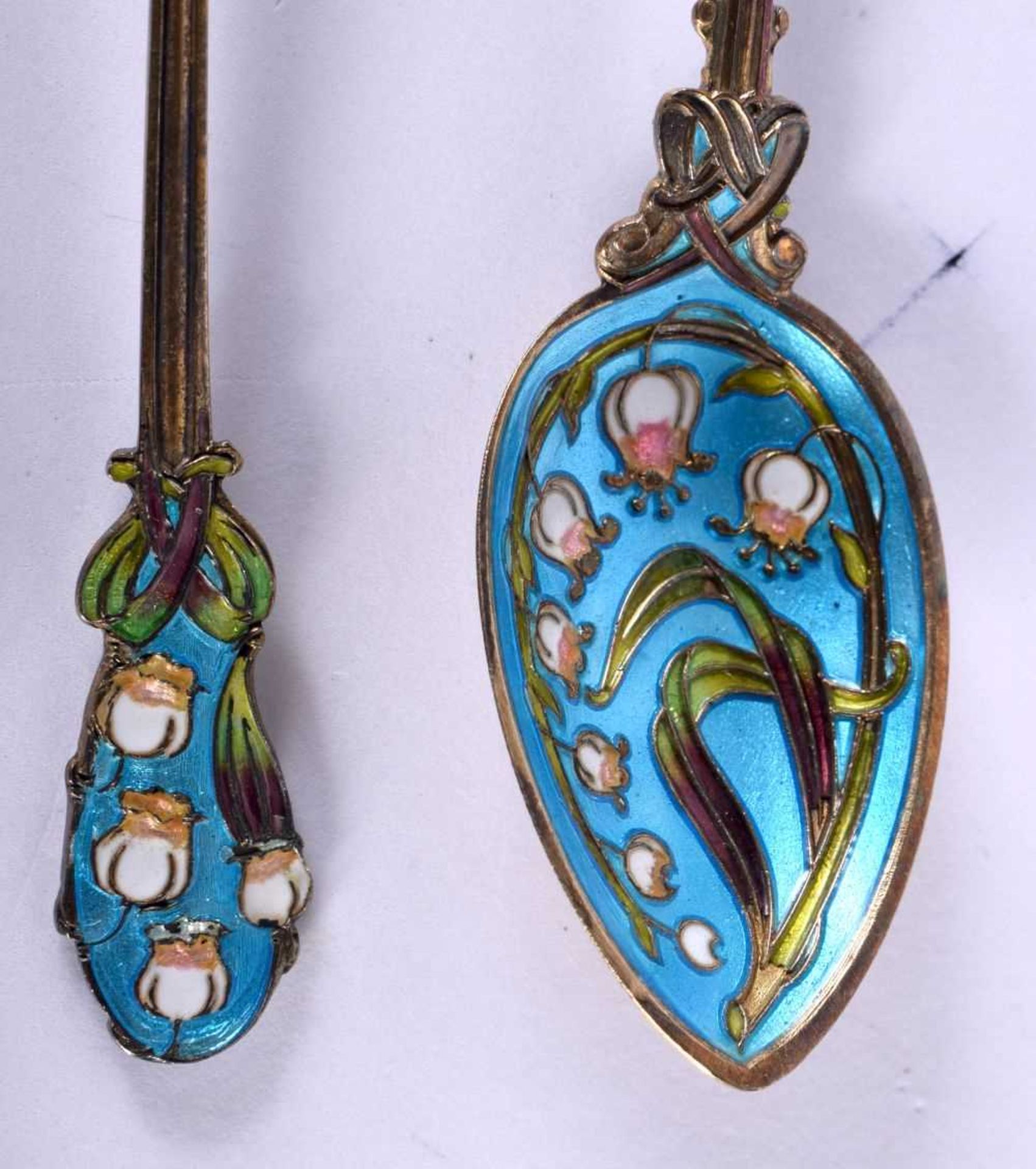 Set of Six Silver and Enamel Gilt Teaspoons together with a similar pair of Sugar Tongs. Stamped - Image 3 of 5