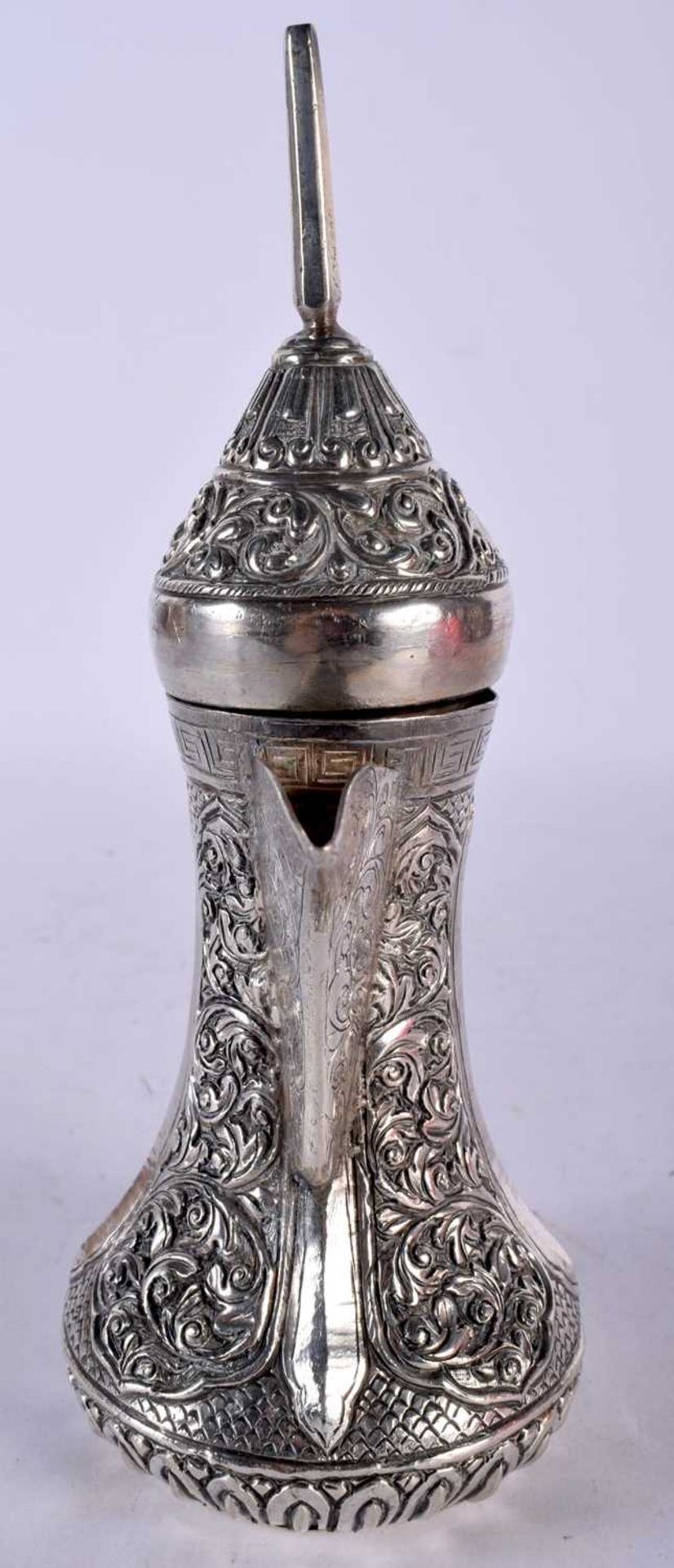 A Continental Silver Middle Eastern Coffee Pot. 20cm x 13cm x 8cm, weight 298g. Dent to rim of pot - Image 4 of 6