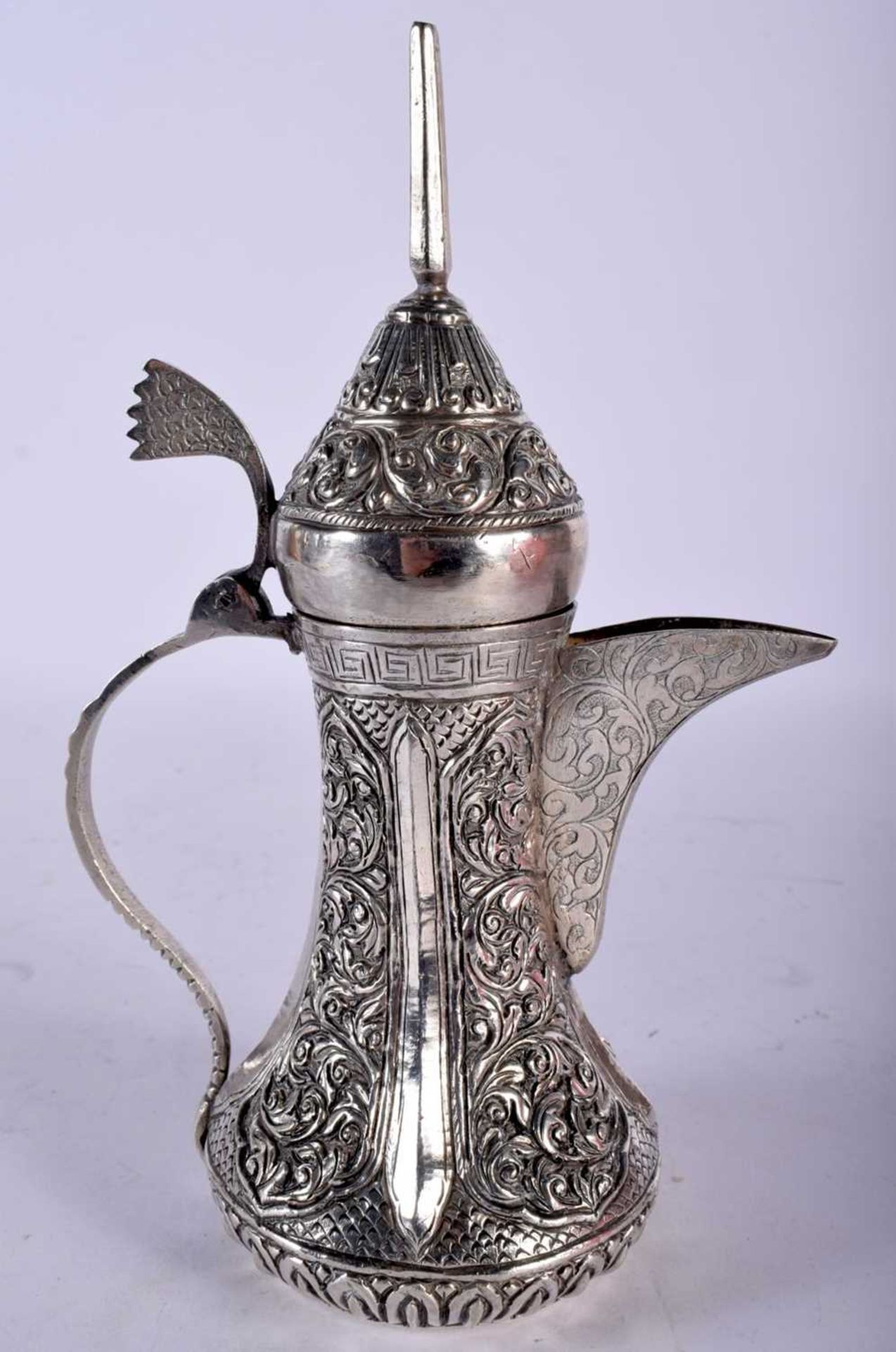 A Continental Silver Middle Eastern Coffee Pot. 20cm x 13cm x 8cm, weight 298g. Dent to rim of pot - Image 3 of 6