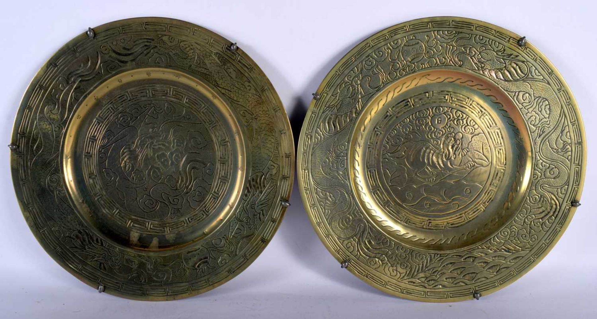 Two Brass Decorative Plates together with a Chinese Brass Vase. Vase 24cm x 13cm (3). Wear - Image 6 of 9