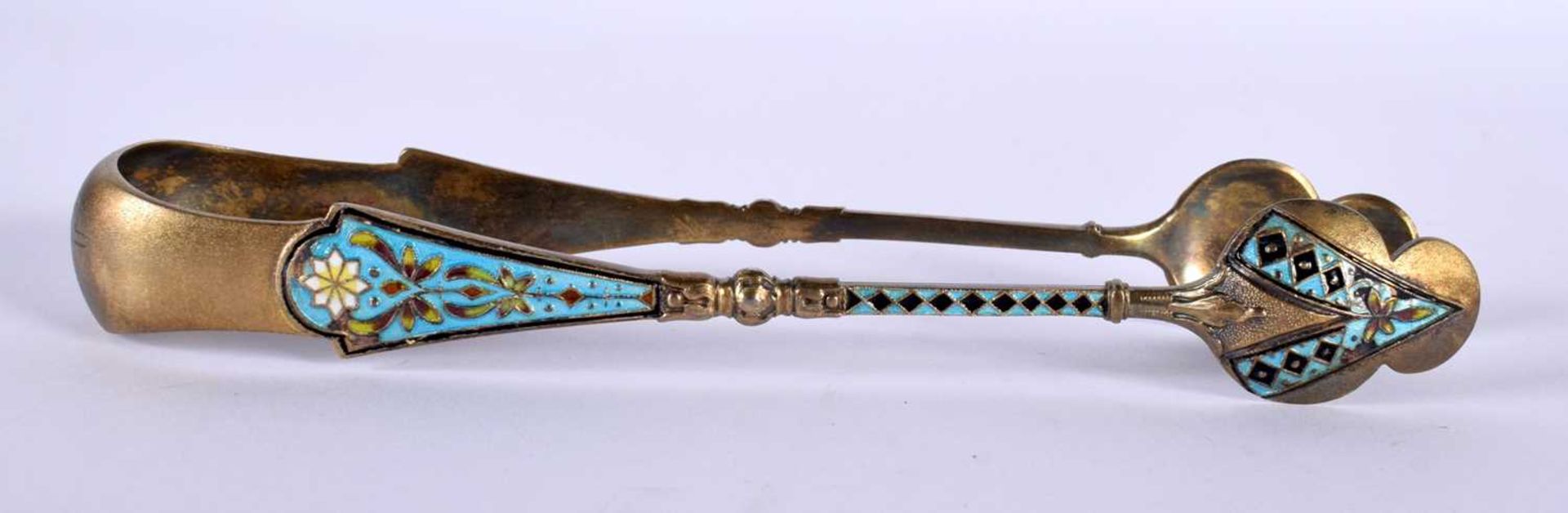 Set of Six Silver and Enamel Gilt Teaspoons together with a similar pair of Sugar Tongs. Stamped - Image 2 of 5