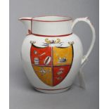 A DOCUMENTARY PEARLWARE JUG, 1821, of baluster form, painted in ochre, burnt orange and black with