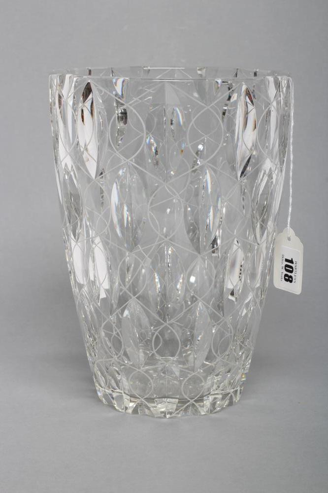 CLYNE FARQUHARSON FOR JOHN WALSH WALSH, 1930's, a clear glass vase of tapering cylindrical form