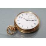 AN 18CT GOLD TOP WIND POCKET WATCH, the white enamel dial with black Roman numerals enclosing