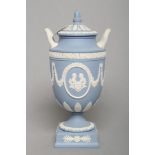A WEDGWOOD BLUE JASPER ROYAL WEDDING COLLECTION VASE AND COVER, 1986, to commemorate the Wedding