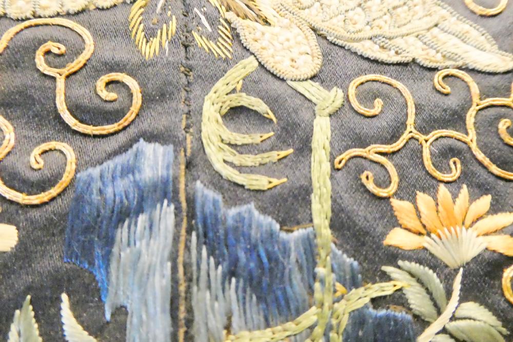 A PAIR OF CHINESE SILK SQUARE PANELS embroidered in coloured silks on a dark navy ground - Image 11 of 24