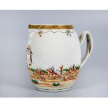 A CHINESE ARMORIAL PORCELAIN LARGE BARREL JUG, the entwined reeded handle with leaf terminals,