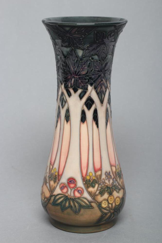 A MOORCROFT POTTERY "CLUNY TREES" PATTERN VASE, 1994, of waisted cylindrical form, tubelined and