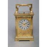 A FRENCH BRASS CASED CARRIAGE CLOCK, early 20th century, the twin barrel movement with platform