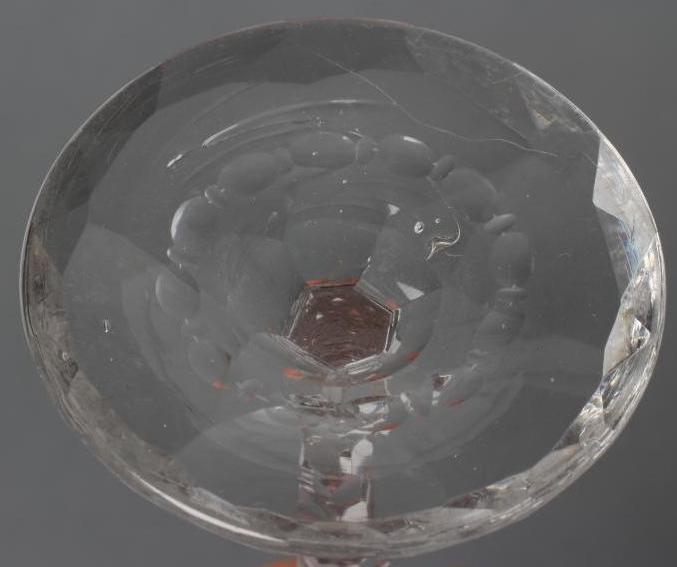 A WINE GLASS, late 18th century, the round funnel bowl with pendant husk and foliate engraved rim, - Image 4 of 4