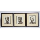 J. P. LUDU (Ugandan 1925-1965) Male Portrait Studies, set of three, watercolour, signed, 11" X 9",