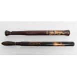 TWO VICTORIAN CEREMONIAL POLICE TRUNCHEONS, both with turned grips and painted with crown over VR,