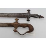 TWO INDIAN TALWAR, 19th century, comprising one with 24 1/2" curved blade and gilt inlaid hilt