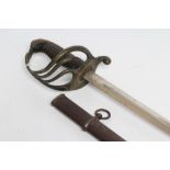 A VICTORIAN OFFICER'S SWORD with 33 1/2" blade, four bar brass hilt, ribbed horn grip and steel