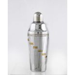 AN ART DECO EPNS RECIPE COCKTAIL SHAKER of flared cylindrical form with lift-off domed cover, the