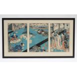 JAPANESE SCHOOL (c.1900) Bridal Scene, woodblock triptych, unsigned, 29 1/4" x 13 3/4", ebonised