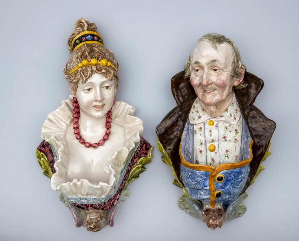 A PAIR OF GINORI MAJOLICA WALL POCKETS, early 20th century, modelled as the bust portraits of a