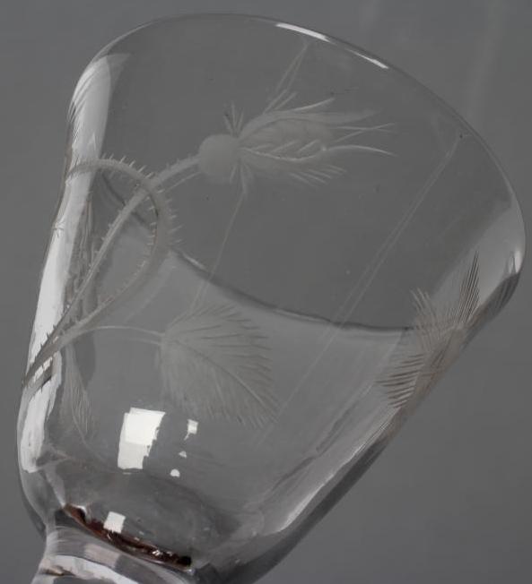 A JACOBITE WINE GLASS, mid 18th century, the round funnel bowl engraved with a rose, bud and a star, - Image 3 of 6