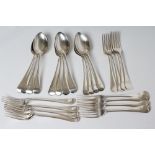 A SET OF TWELVE SILVER DESSERT SPOONS AND FORKS, maker's mark JD&S, Sheffield 1927, in Old English