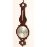 A LARGE MAHOGANY WHEEL BAROMETER, 19th century, with thermometer and 12" silvered dial, the scroll