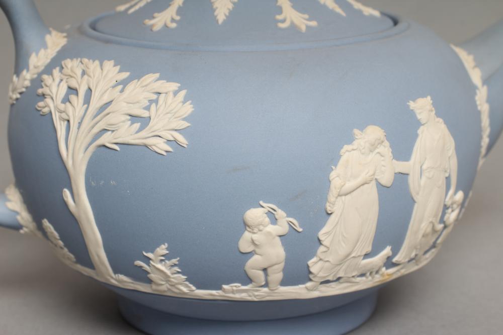 A WEDGWOOD BLUE JASPER TEAPOT AND COVER, modern, with classical figure sprigging, together with a - Image 8 of 10