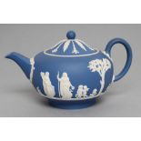 A WEDGWOOD BLUE JASPER TEAPOT AND COVER, modern, with classical figure sprigging, together with a