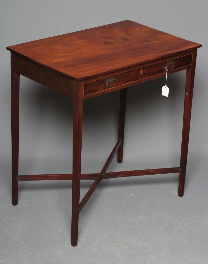 A GEORGIAN MAHOGANY SIDE TABLE, late 18th century, of plain oblong form, the shallow frieze drawer