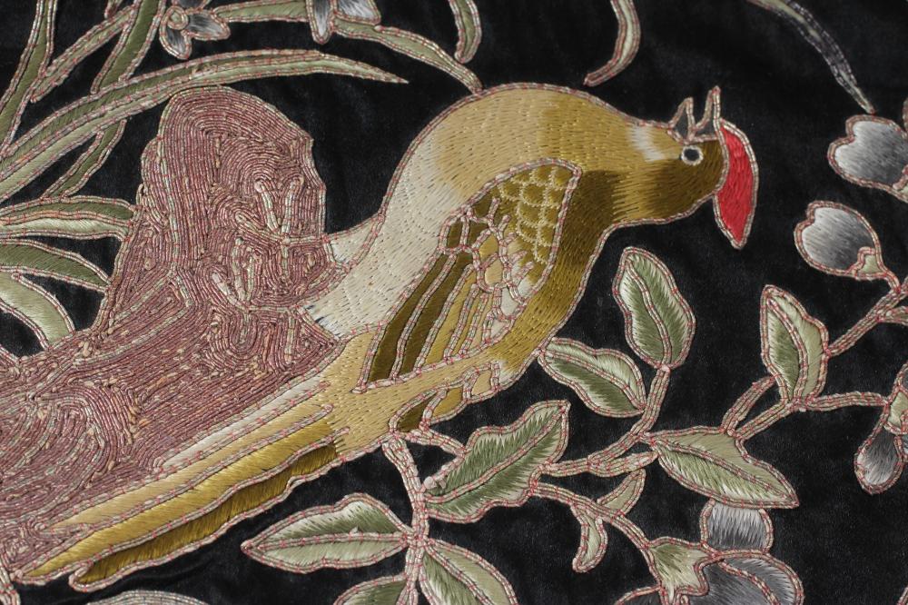 A PAIR OF CHINESE SILK SQUARE PANELS embroidered in coloured silks on a dark navy ground - Image 6 of 24