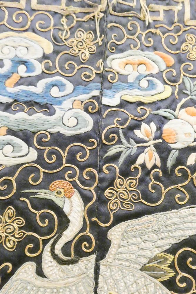 A PAIR OF CHINESE SILK SQUARE PANELS embroidered in coloured silks on a dark navy ground - Image 15 of 24
