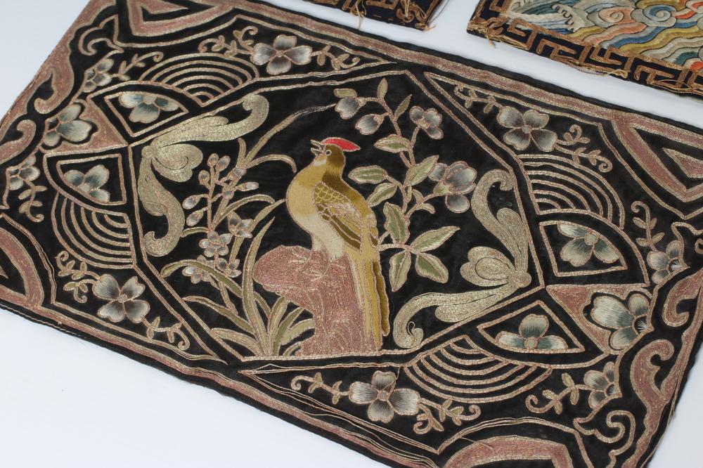 A PAIR OF CHINESE SILK SQUARE PANELS embroidered in coloured silks on a dark navy ground - Image 3 of 24