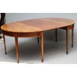 A GEORGIAN MAHOGANY DINING TABLE, c. 1800, of D end form with a single leaf, the satinwood banded