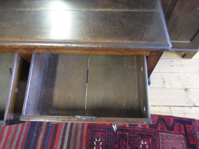 A GEORGIAN OAK LOW DRESSER, mid 18th century, the moulded edged top with raised plate stand, three - Image 13 of 25